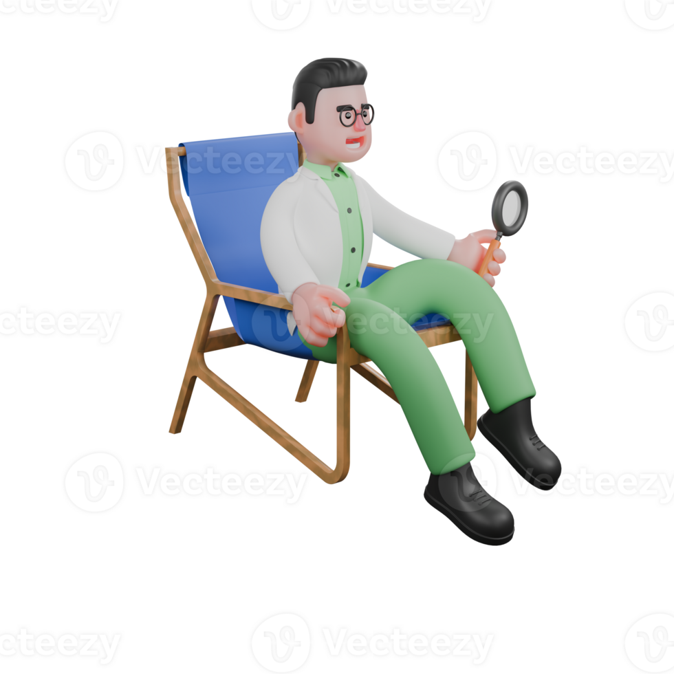 Male Biologist in Lab Setting. A male biologist sits on a recliner holding a magnifying glass in his right hand. 3D Character png