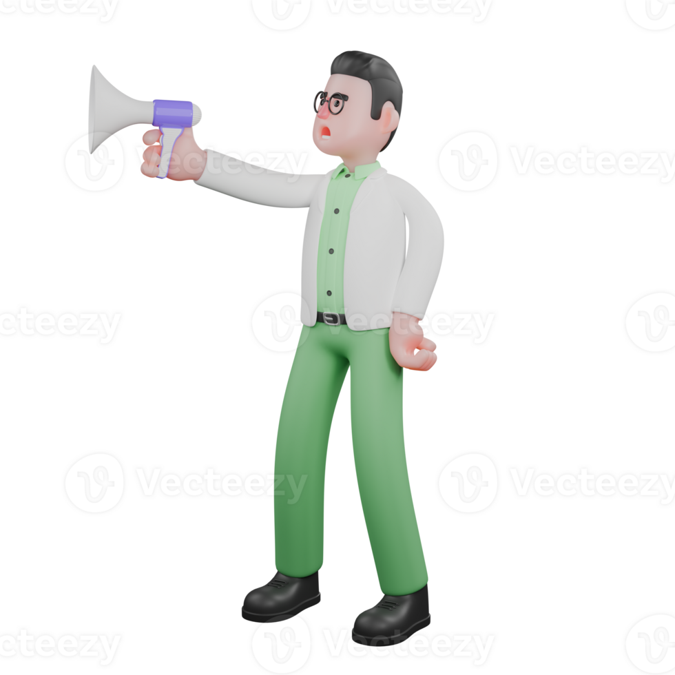 Professional Male Ecology Character. A male biologist is standing while speaking using a loudspeaker. 3D Biologist png