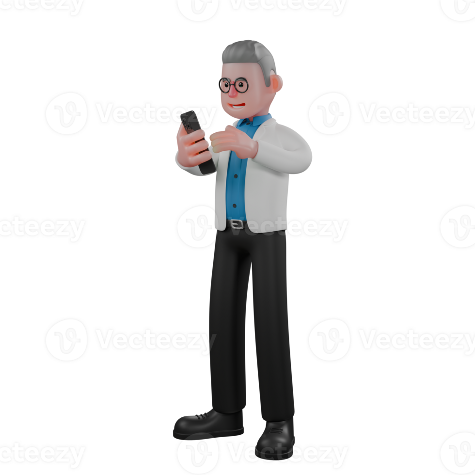 Illustrated of Male Science Professional. A male physicist stands holding a cellphone in his right hand and his left hand is in front of the screen. 3D Physicist png