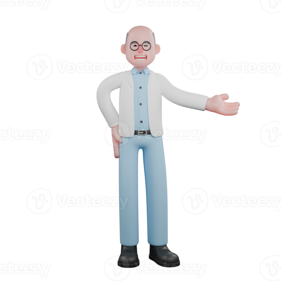 3D Professional Scientist Character. A male scientist standing opening his right hand to the side with his palm facing up and his left hand on his waist. Male Chemist png
