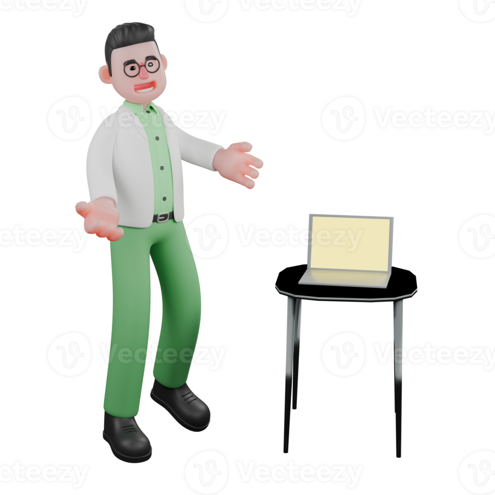 Male Biologist Cartoon Character. A male biologist stands beside a table with a laptop on top with both hands open. 3D Ecology Illustrated png