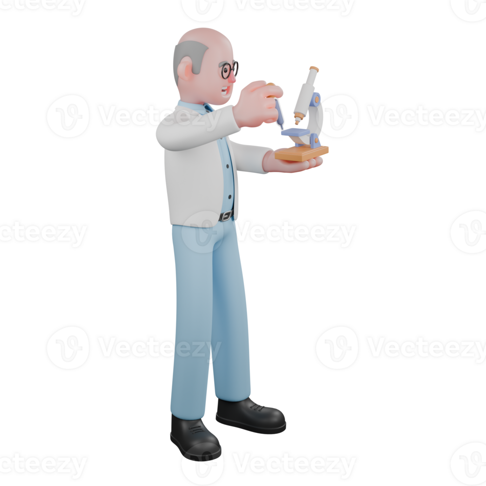 3D Science Enforcement Male Scientist. A male scientist stands holding a dropper in his left hand and holding a microscope in his right hand. Professional png