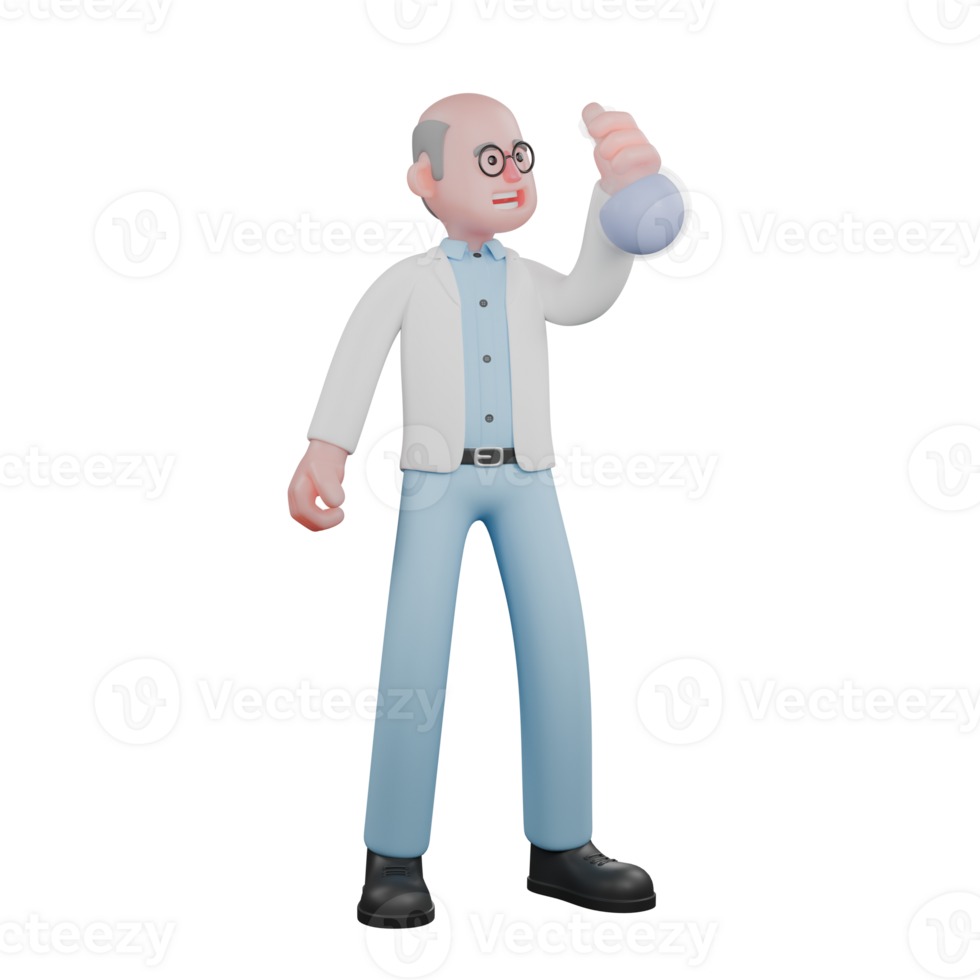 3D Male Scientist in Professional Role. A male scientist stands holding an Erlenmeyer flask in his right hand. Science Cartoon png