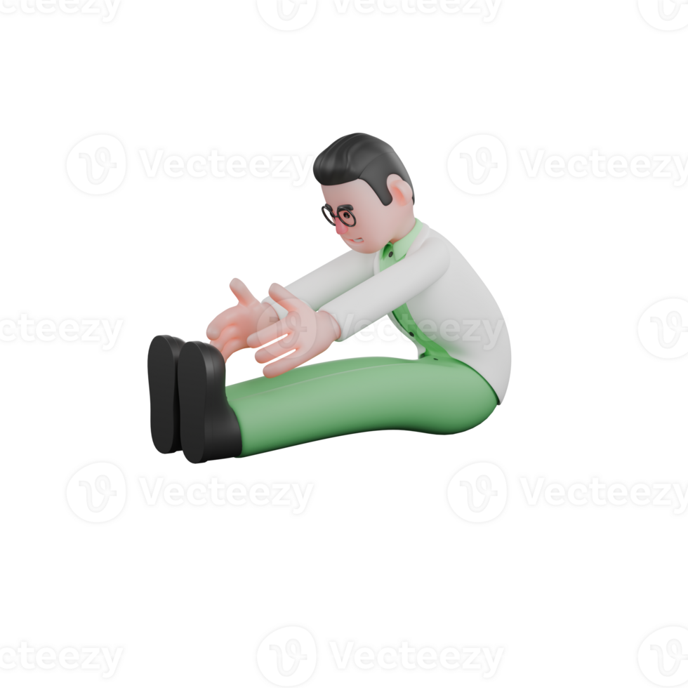 3D Male Biologist in Professional Setting. A male biologist doing a toe touch stretch while sitting. Ecology png