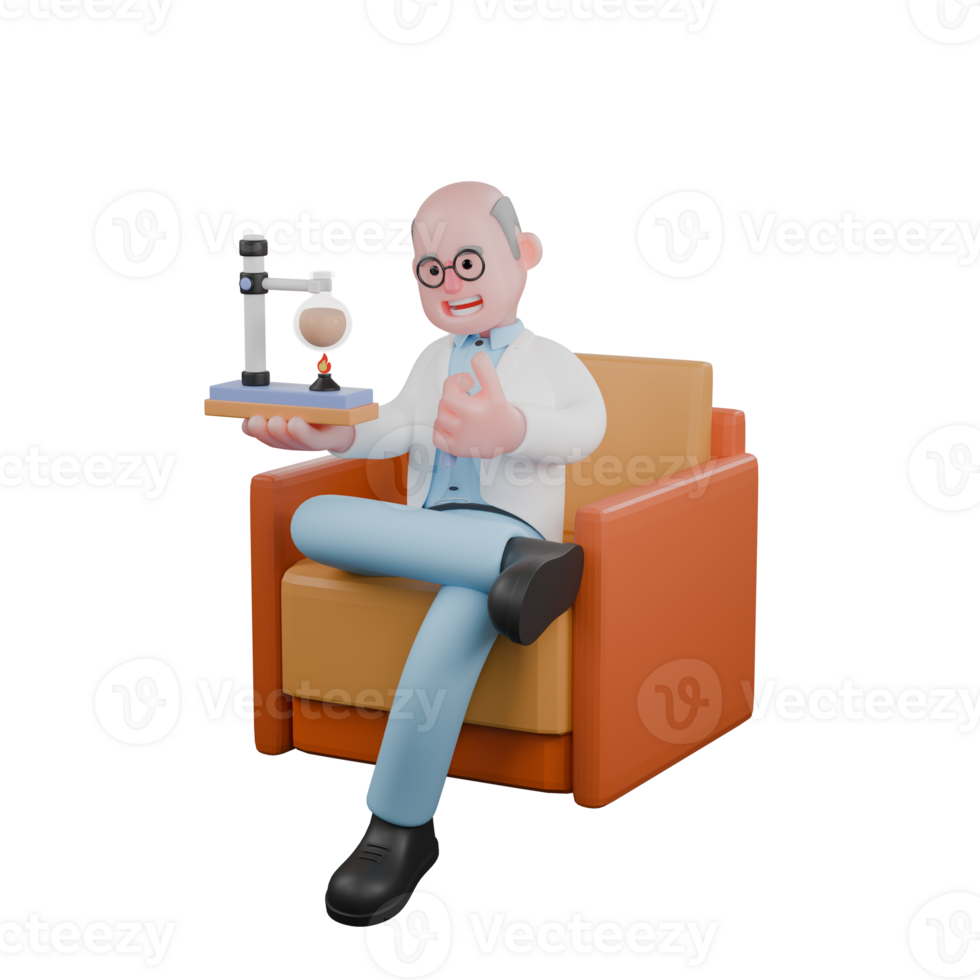 Professional 3D Science. A male scientist sits on a couch holding an experimental device, complete with a Bunsen burner and a flask ready to use. Male png