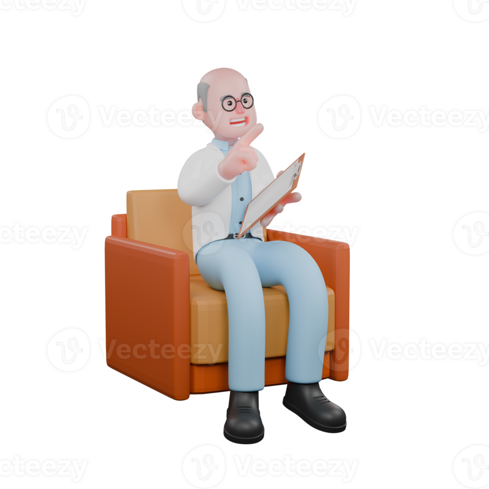 3D Professional Scientist. A male scientist sitting on a couch holding a clipboard and pointing forward. Male Research Expert png