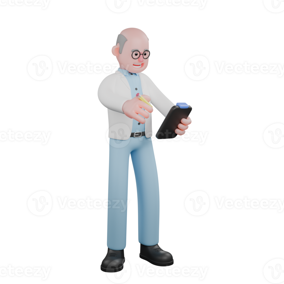 3D Male Scientist. A male scientist standing while holding a clipboard and pencil. Professional Research Character png