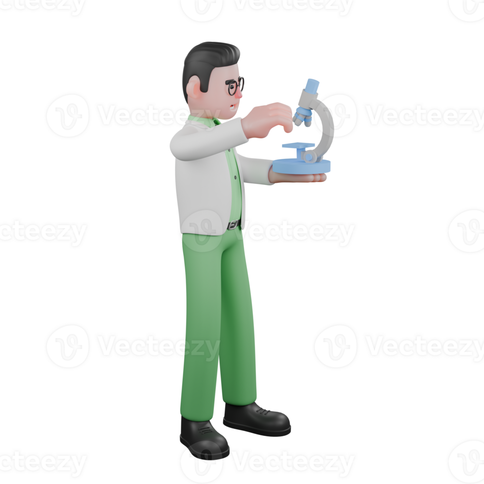 3D Ecology Enforcement Male Biologist. A male biologist stands holding a microscope in his left hand while his right hand is above the microscope. Professional png