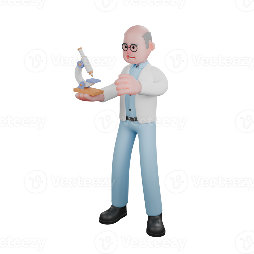3D Model of Professional Male Scientist. A male scientist stands holding a microscope in his left hand. Science Character png