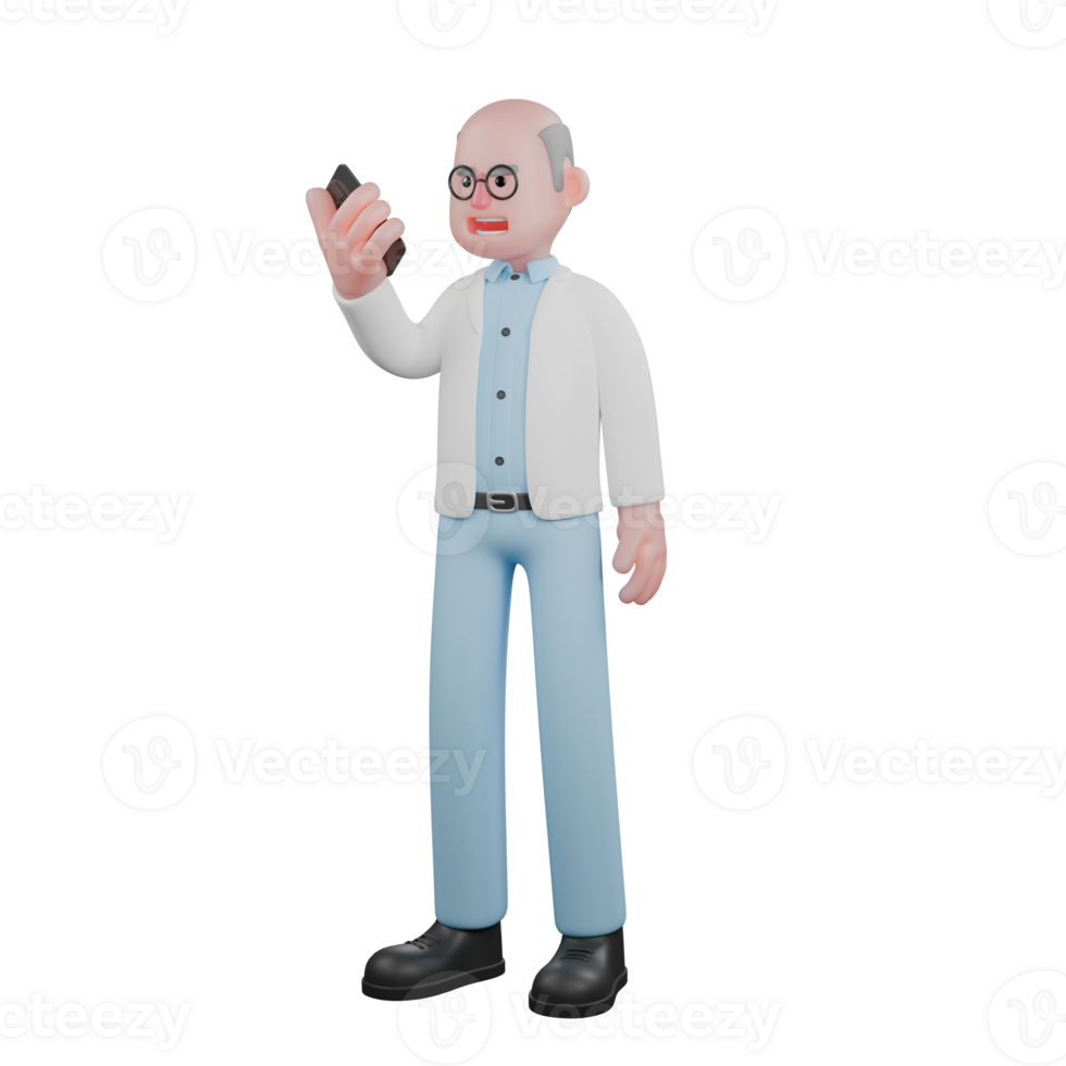 Professionalism Male Scientist in 3D. A male scientist standing looking at the mobile phone he is holding. Science Service png