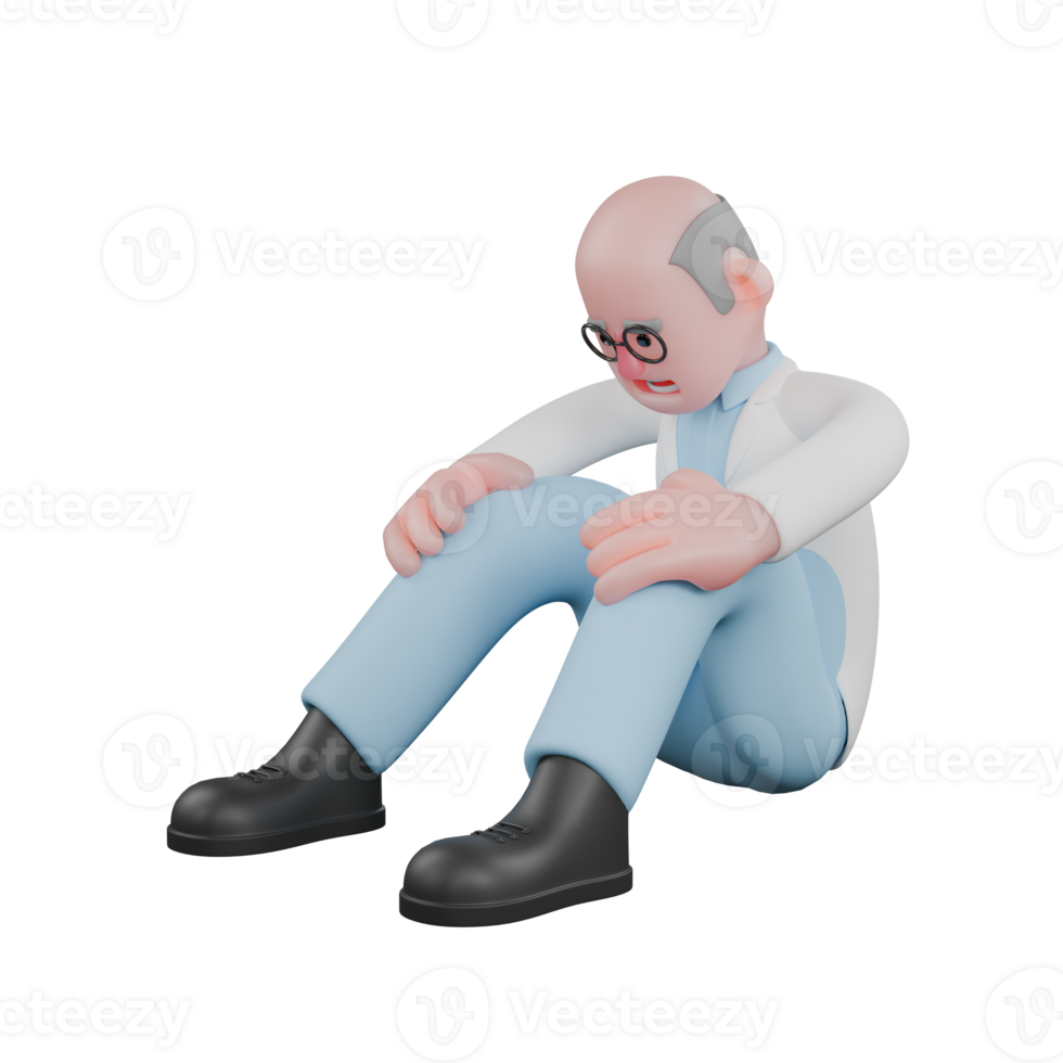 Professional Male in 3D. A male scientist is sitting without a mat with both hands holding his knees. Cartoon Illustrated png