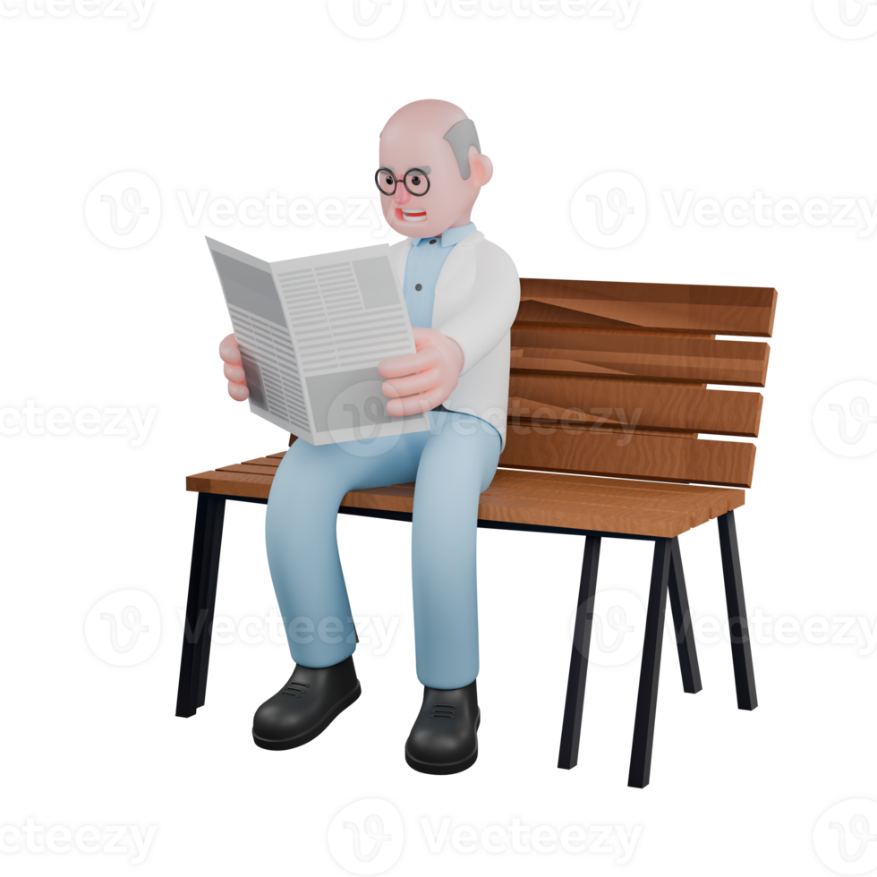 Male Scientist 3D Model. A scientist man sitting on a park bench while holding a newspaper in both hands. Technological Research Environment png