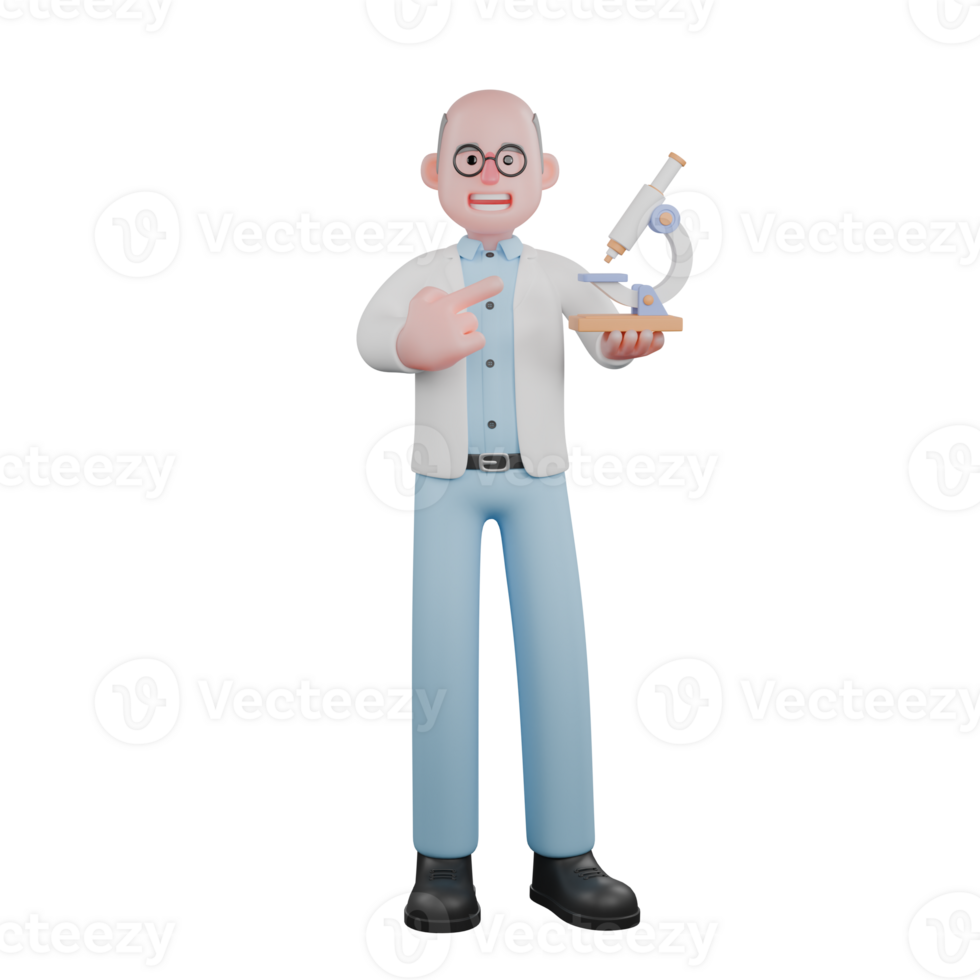 Male Scientist in Innovative Action. A male scientist standing holding a microscope in his right hand and his left hand pointing to the microscope. 3D Research Scene png