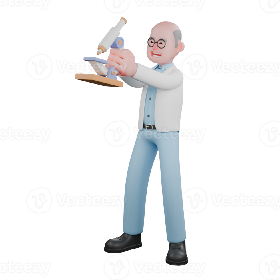 Illustrated Research Expert. A male scientist is standing while carrying a microscope in both hands. 3D Male Scientist png