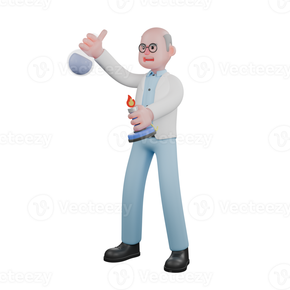 3D Illustrative Male Scientist. A male scientist is standing holding an Erlenmeyer flask in his left hand and a kerosene lamp in his right hand. Science Professional png