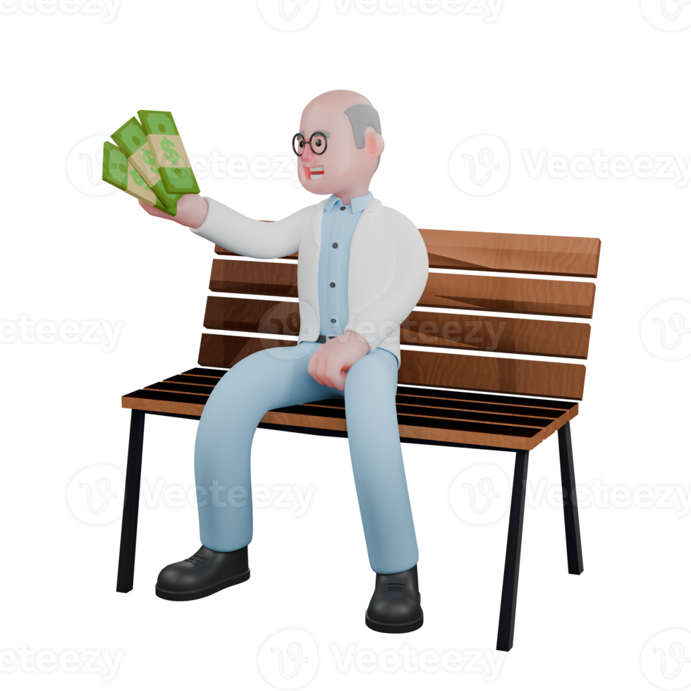 3D Cartoon Male Scientist. A male scientist sitting on a park bench while holding banknotes in his hand. Professional png