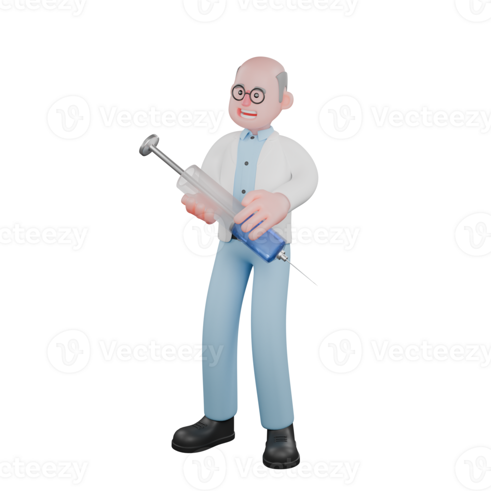 Male Scientist Illustrated 3D. A male scientist stands holding a large syringe with both hands. Professional Science png