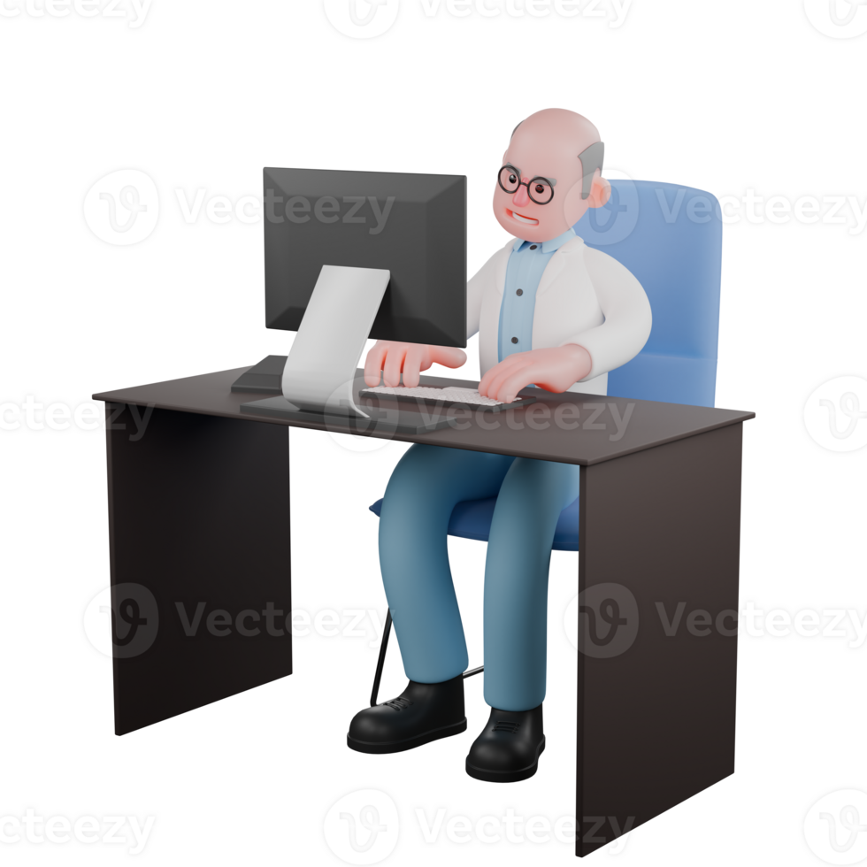 3D Cartoon Scientist Character. A male scientist sits at a desk with both hands operating a computer. Laboratory Research Model png