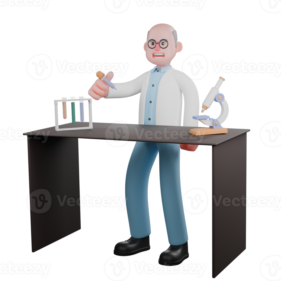 3D Urban Male. A male scientist stands behind a laboratory table holding a dropper in his left hand. Scientist Illustrated png