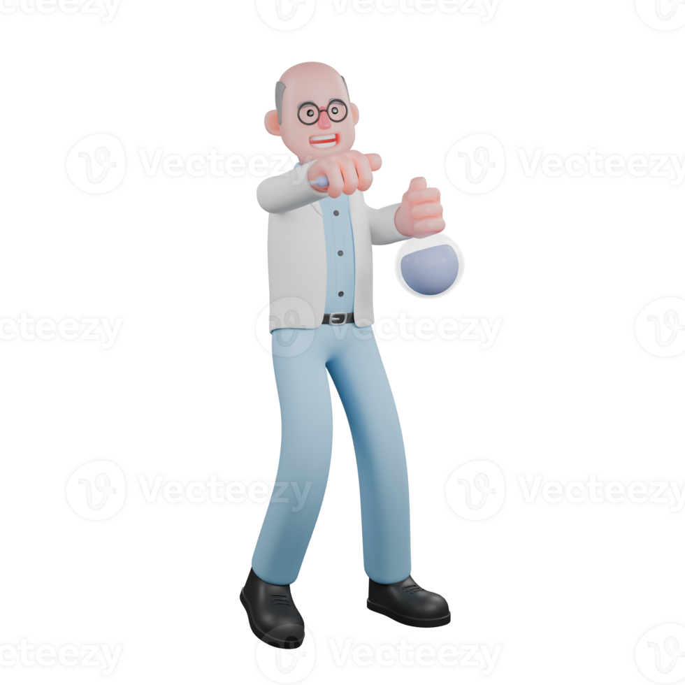 3D Male Scientist Illustrated. A male scientist standing while pouring the contents of a measuring cup into a measuring flask. Professional png