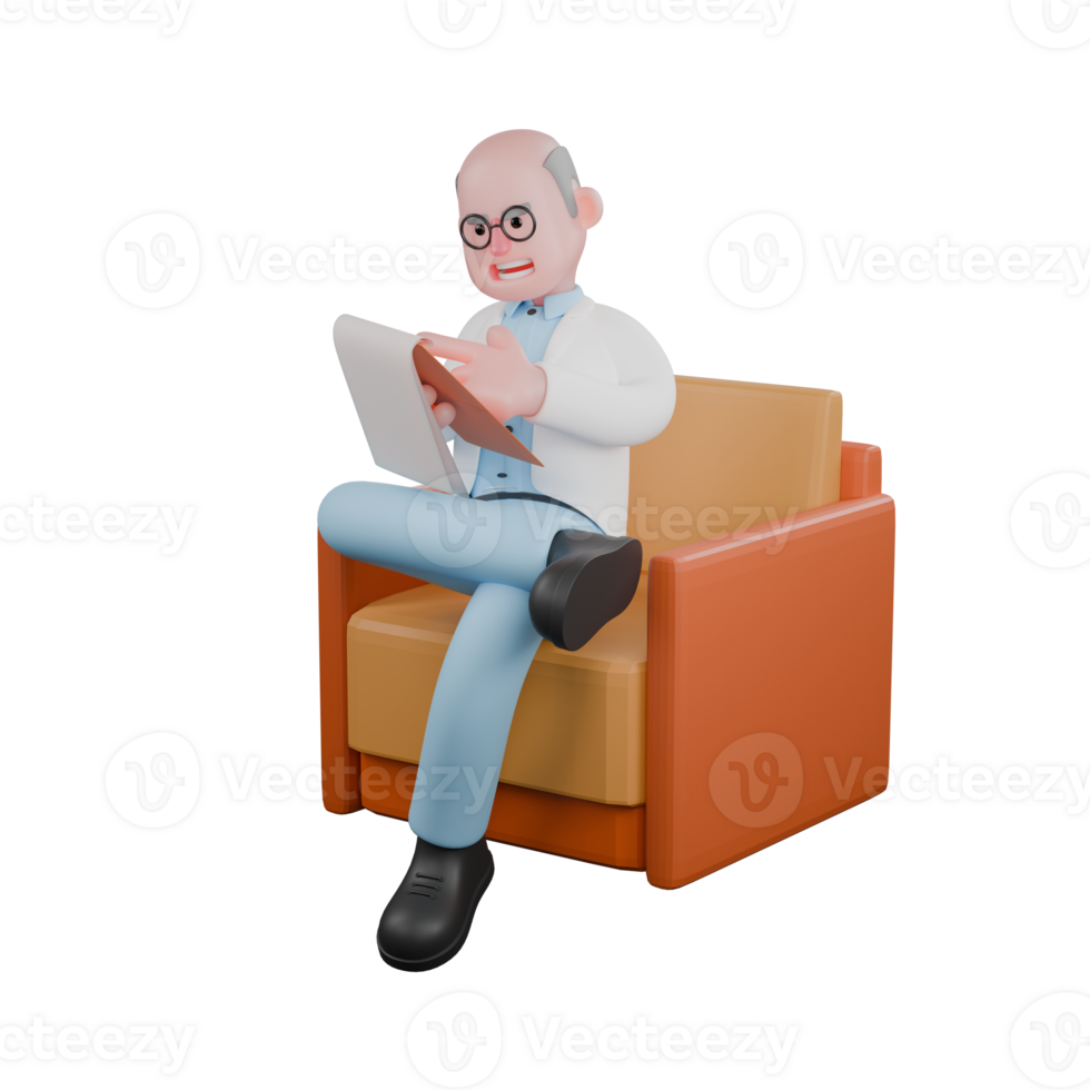 3D Male Scientist at Microscope. A male scientist sitting on a sofa holding a clipboard in his left hand and his right hand above the clipboard while pointing. Research Development Cartoon png