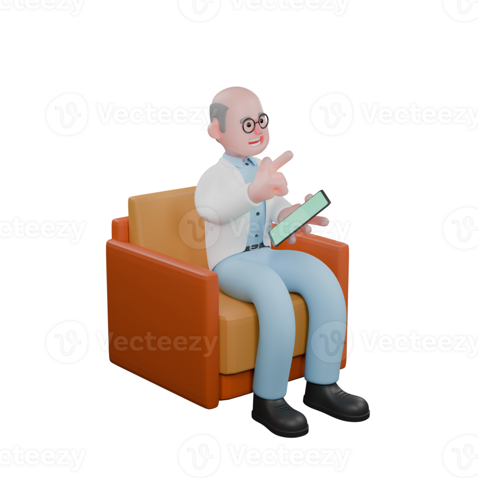 Male Professional Scientist. A male scientist is sitting on a sofa while holding a tablet and pointing forward. Science png