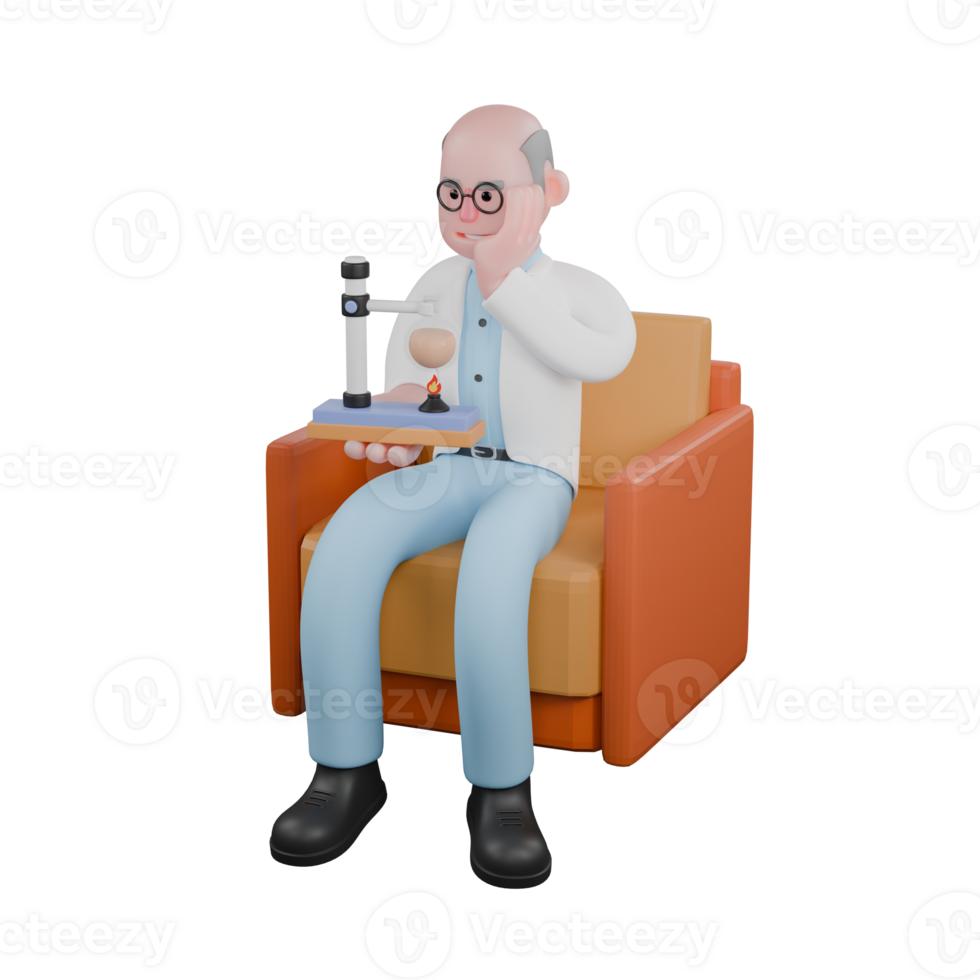 Illustrated 3D Scientist. A male scientist sits on a couch conducting a science experiment using a mini laboratory apparatus consisting of a Bunsen burner and observation equipment. png