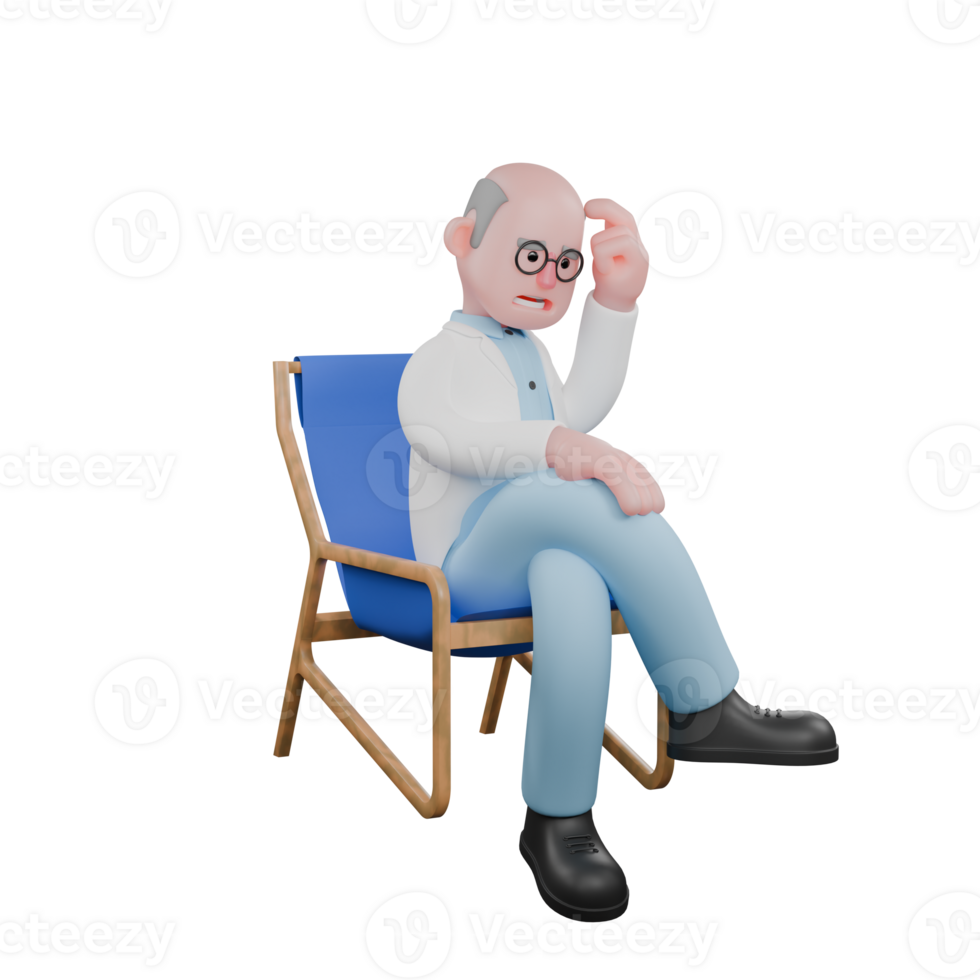 Research Expert 3D Model. A male scientist sits on a recliner while thinking. Scientist Cartoon png