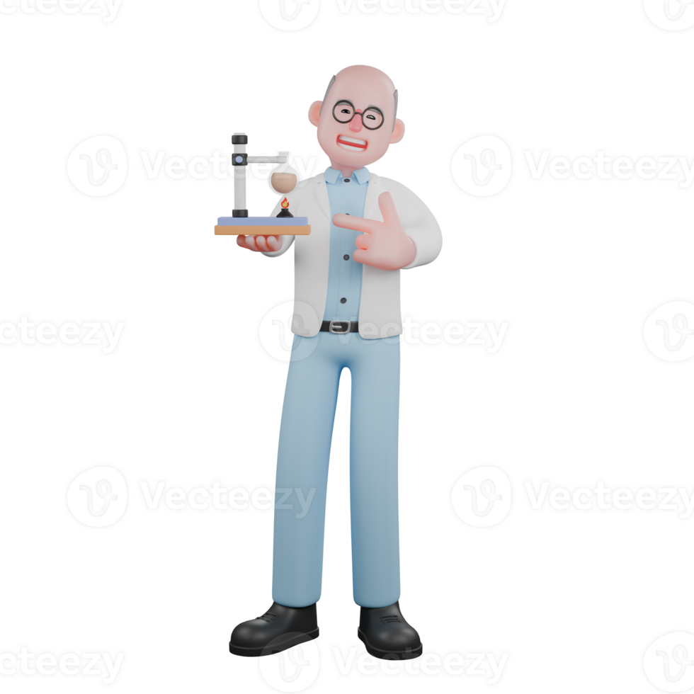 3D Model of Cartoon Scientist. A male scientist stands demonstrating a chemistry experiment using laboratory apparatus consisting of a Bunsen burner and a glass beaker. Experimental Science Expert png