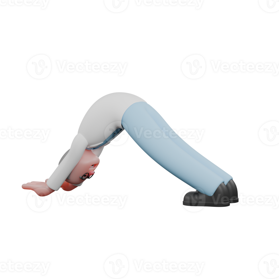 3D Professional Male in Scientist Role. A male scientist is doing the Downward Dog pose, a popular yoga pose for stretching the back and legs. Science png