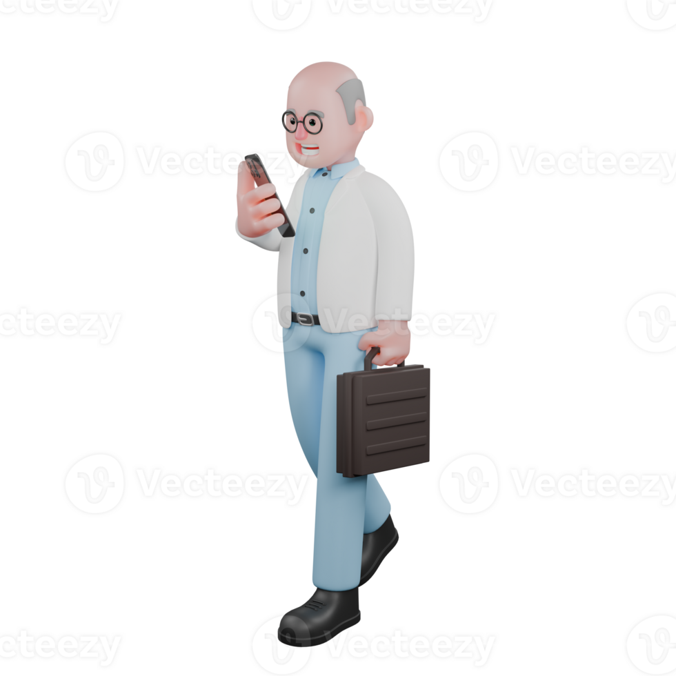 3D Male Scientist in Science Profession. A male scientist is walking while carrying a briefcase and observing his cellphone. Illustrated png
