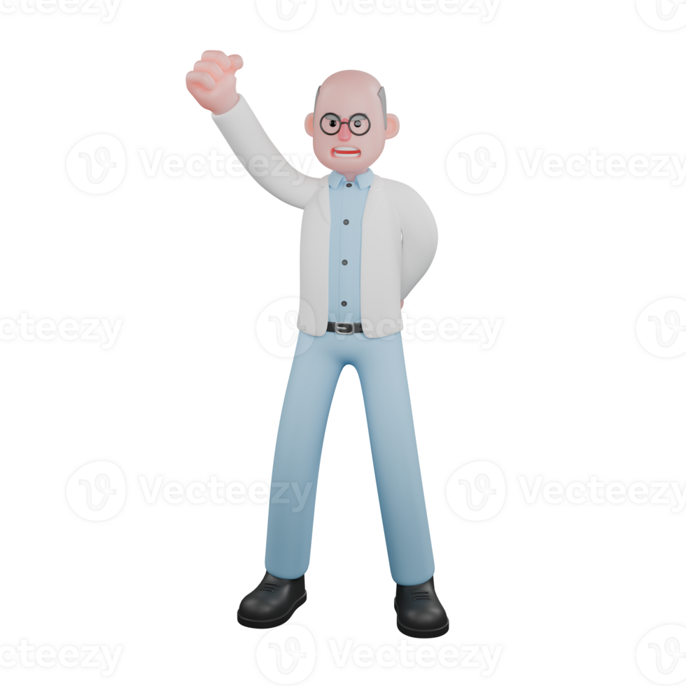 Male Scientist Professional Character. A male scientist stands with his palms clenched upwards with an angry expression. 3D Illustrated png