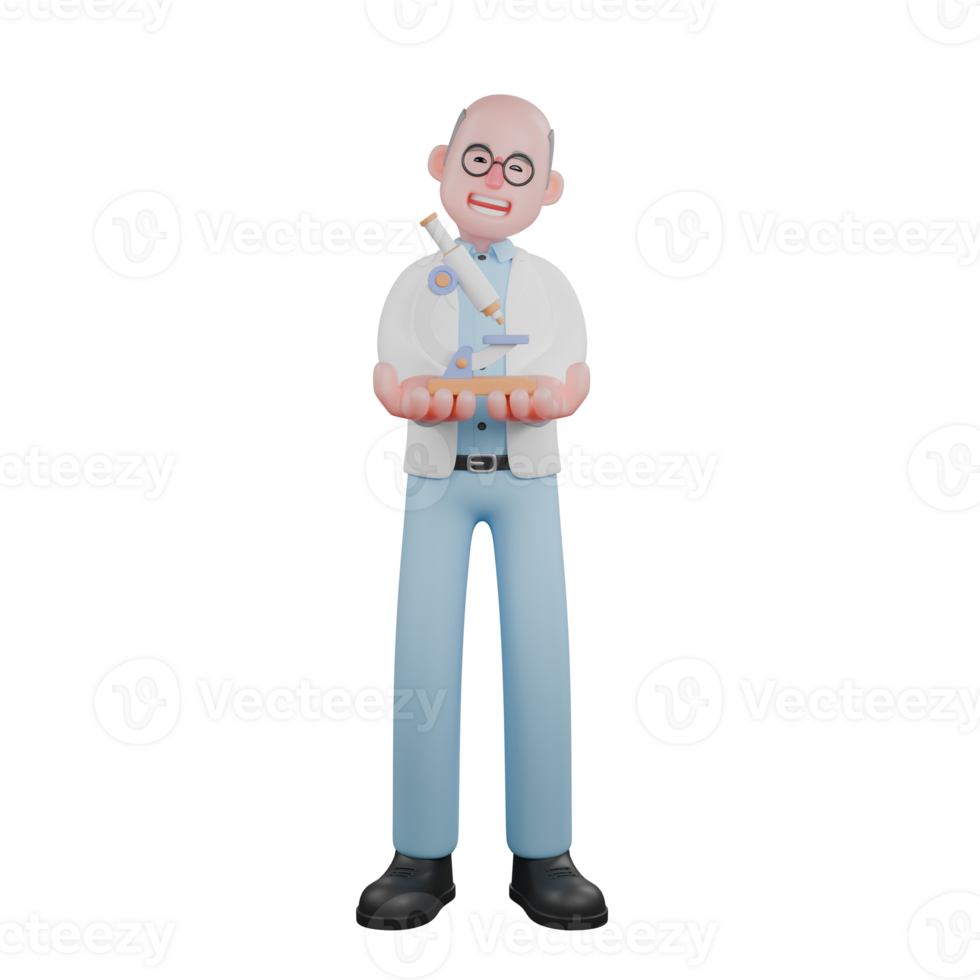 Male Scientist 3D Professional. A male scientist is standing with both hands carrying a microscope. Science Cartoon png
