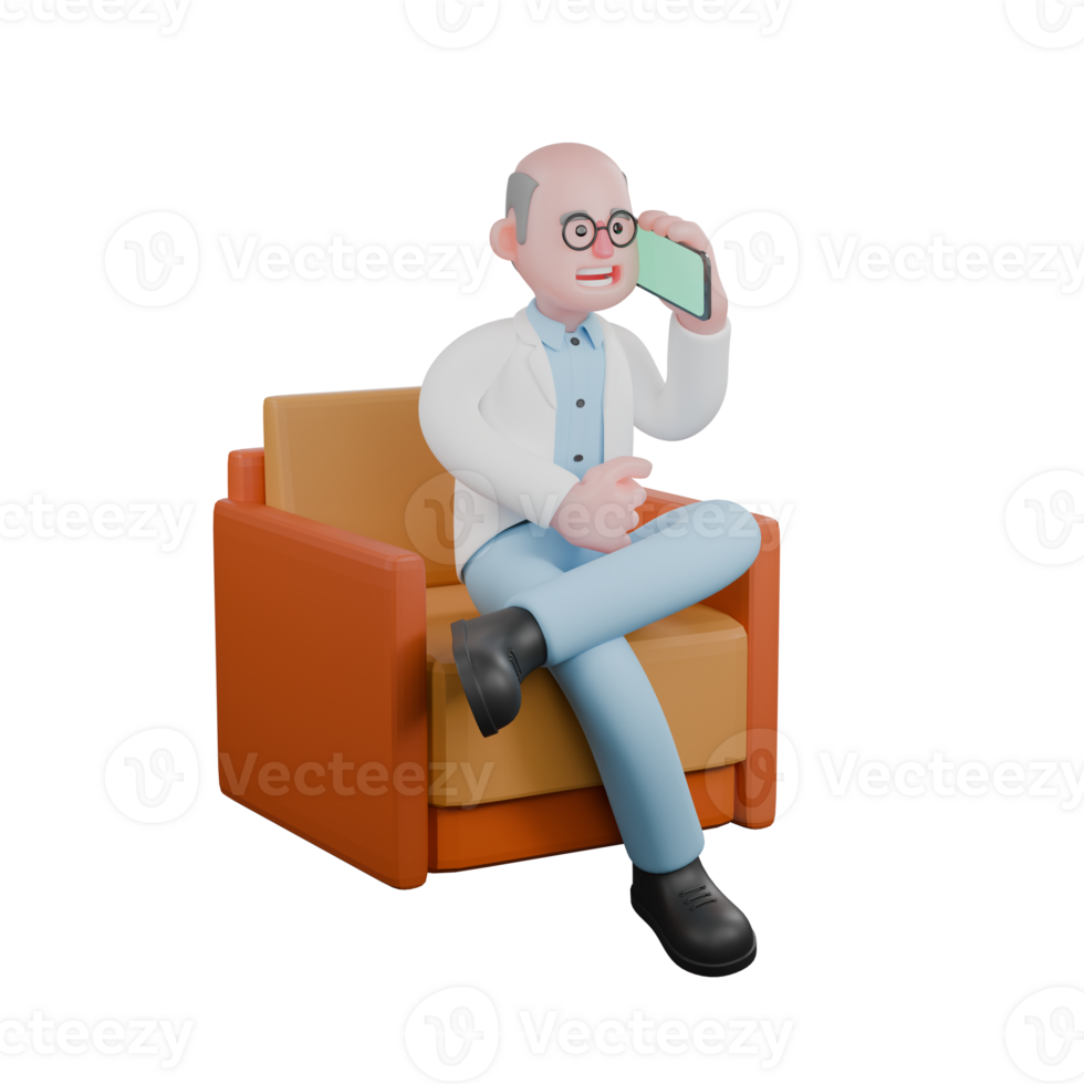 Professional Scientist 3D Cartoon. A male scientist sits on a sofa holding a cellphone in his right hand and his left hand is in front of his bod. Male Laboratory Manager png