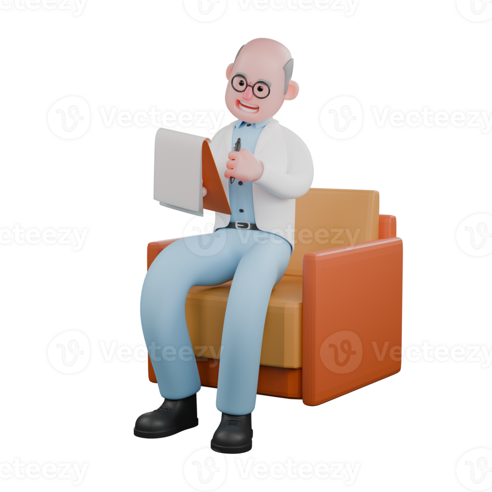 Scientific 3D Illustrated. A male scientist sitting on a sofa holding a clipboard in his left hand and holding a pen in his right hand. Professional Male Scientist png