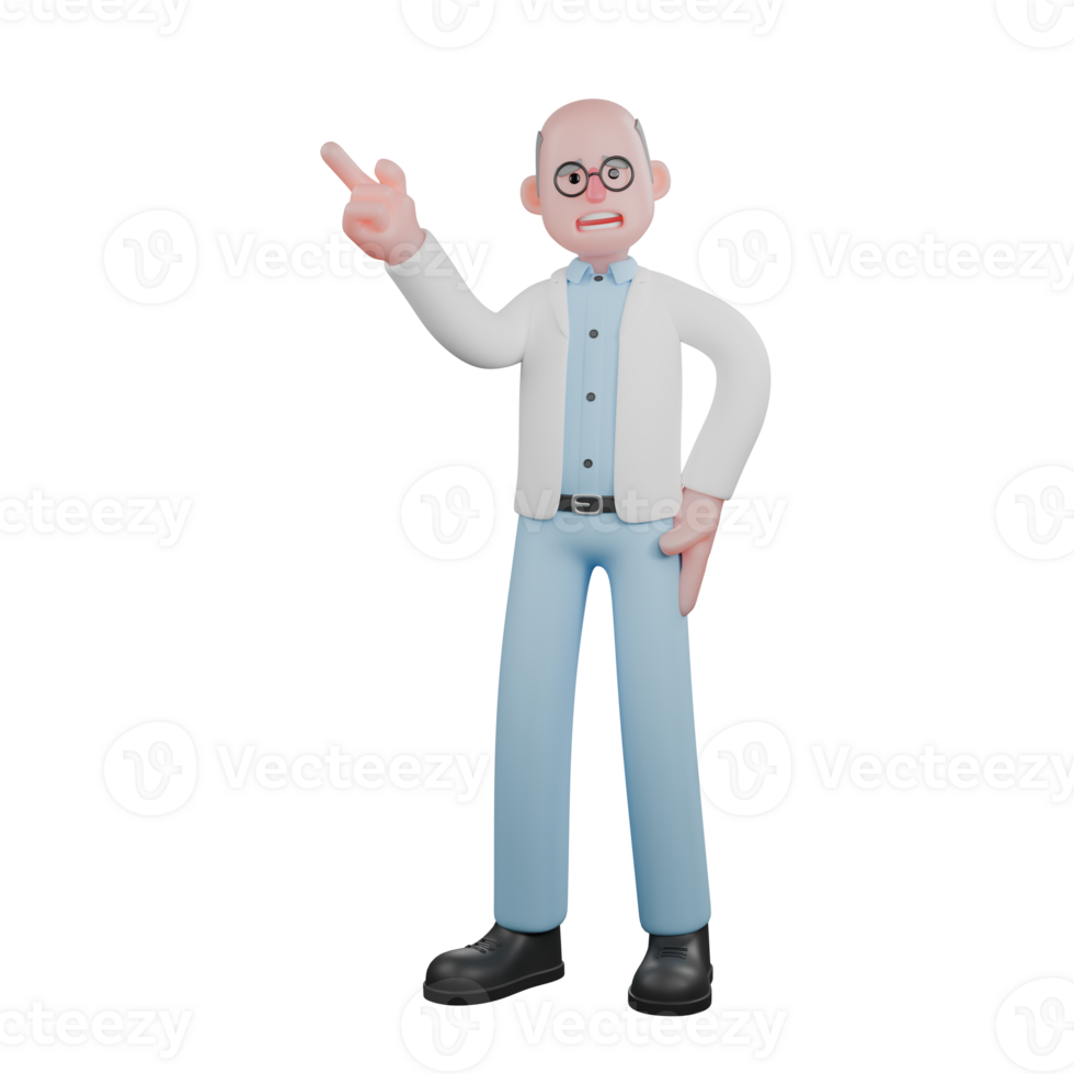 3D Male Scientist Character. A male scientist stands pointing to the right while his left hand is on his waist. Research Professional png
