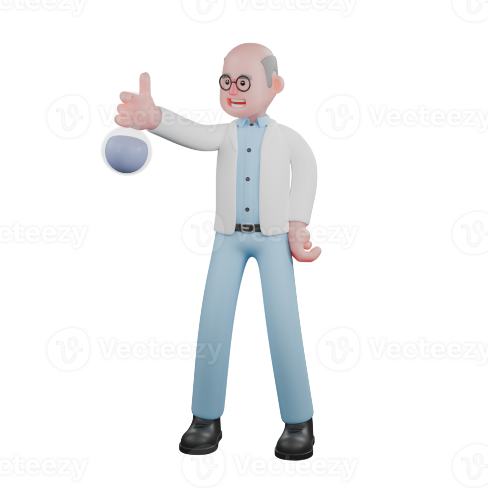 Professional Male Science Character. A male scientist stands holding an Erlenmeyer flask in his left hand and his right hand is on his waist. 3D Scientist png