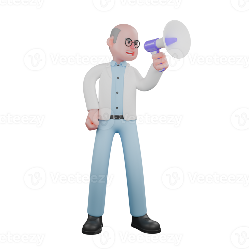 3D Illustrated of a Research Expert. A male scientist is standing while speaking using a loudspeaker. Male Scientist png