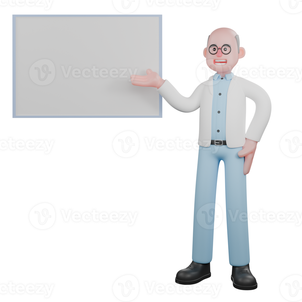 3D Cartoon Scientific Specialist. A male scientist standing next to a presentation board with his left hand pointing to the board with his palm facing up. Physics Research Scene png