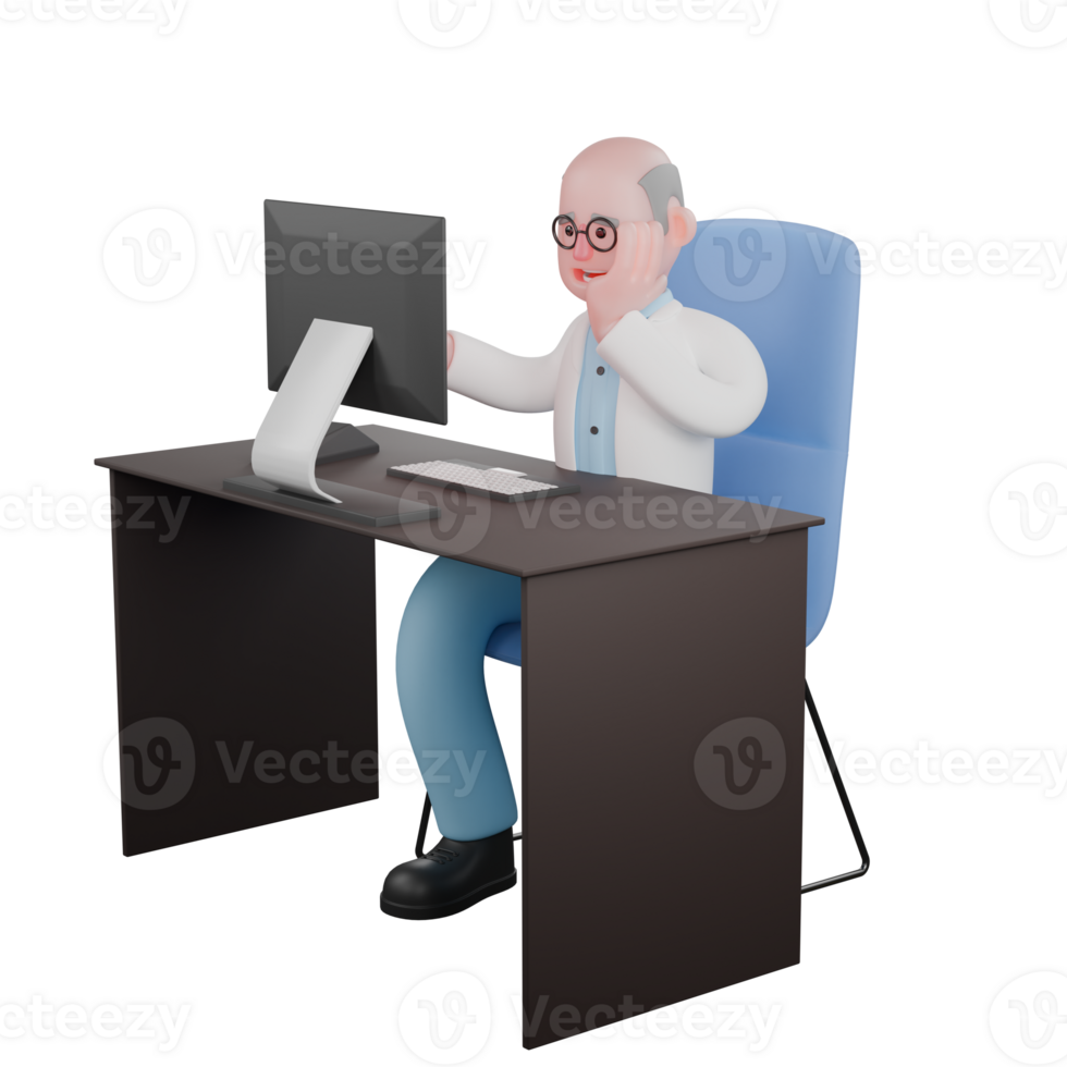 3D Male Scientist in Action. A male scientist is sitting on his desk chair with a monitor screen in front of him and his hand is stroking his cheek. Professional Science png