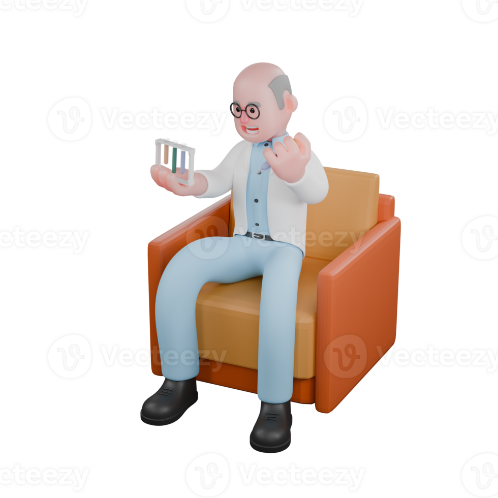 3D Research Expert Scientist. A male scientist is sitting on a sofa observing some graduated cylinders in a mini graduated cylinder rack he is holding. Cartoon Male Laboratory Teacher png