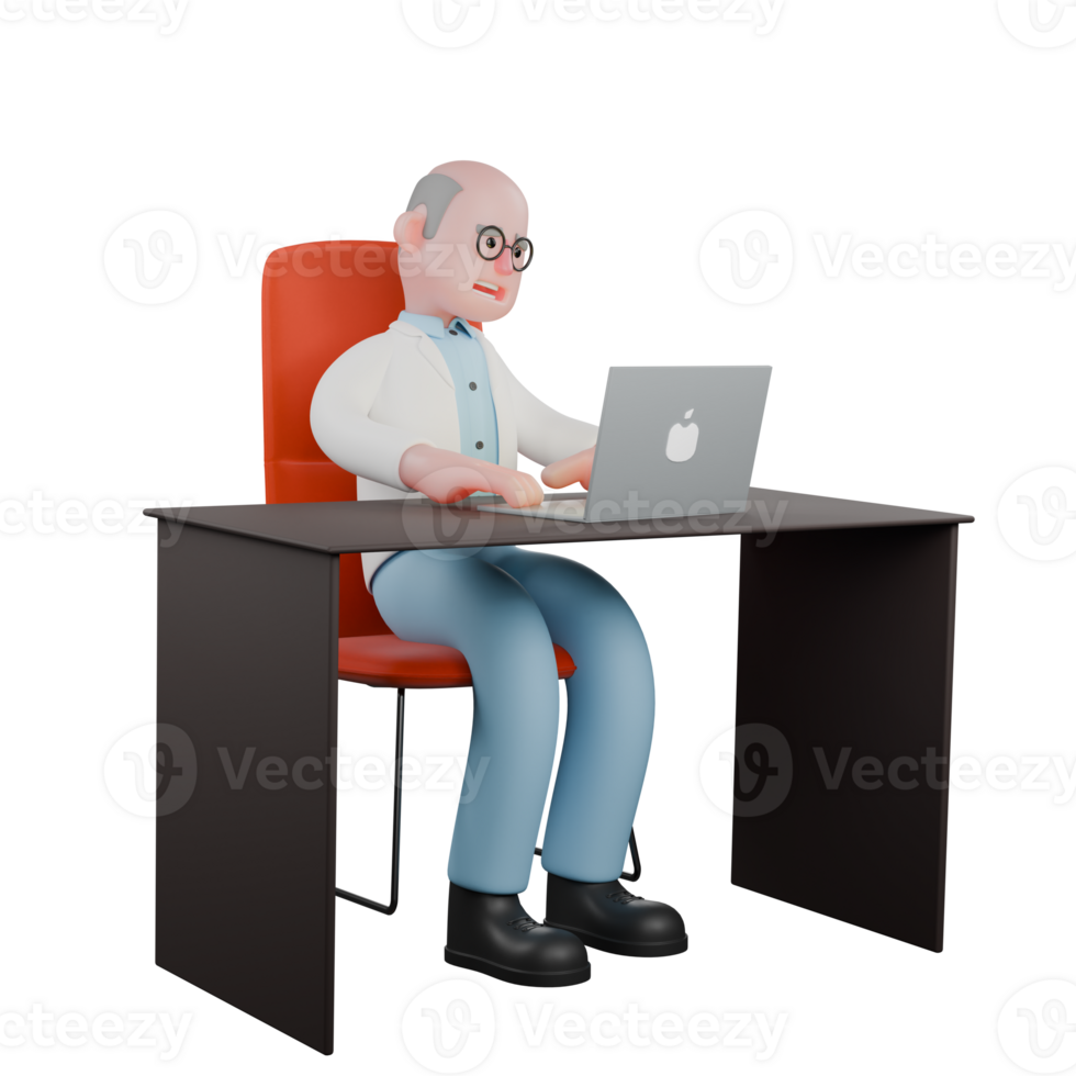 Male Scientist Research Professional. A male scientist is sitting on his desk chair while operating a laptop. 3D Cartoon png