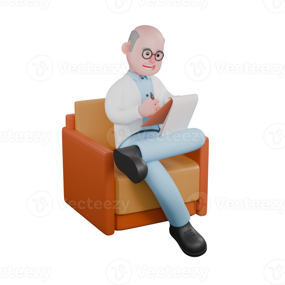 Male Scientist Cartoon. A male scientist is sitting on a couch while writing notes on his clipboard. 3D Biology Professional png