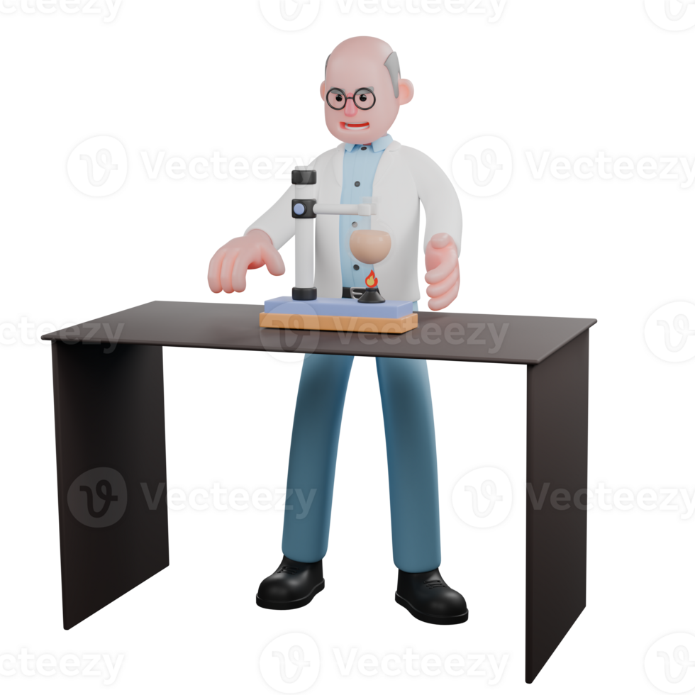 Science Male Scientist. A male scientist is preparing at a laboratory table to conduct an experiment. 3D Professional Character png