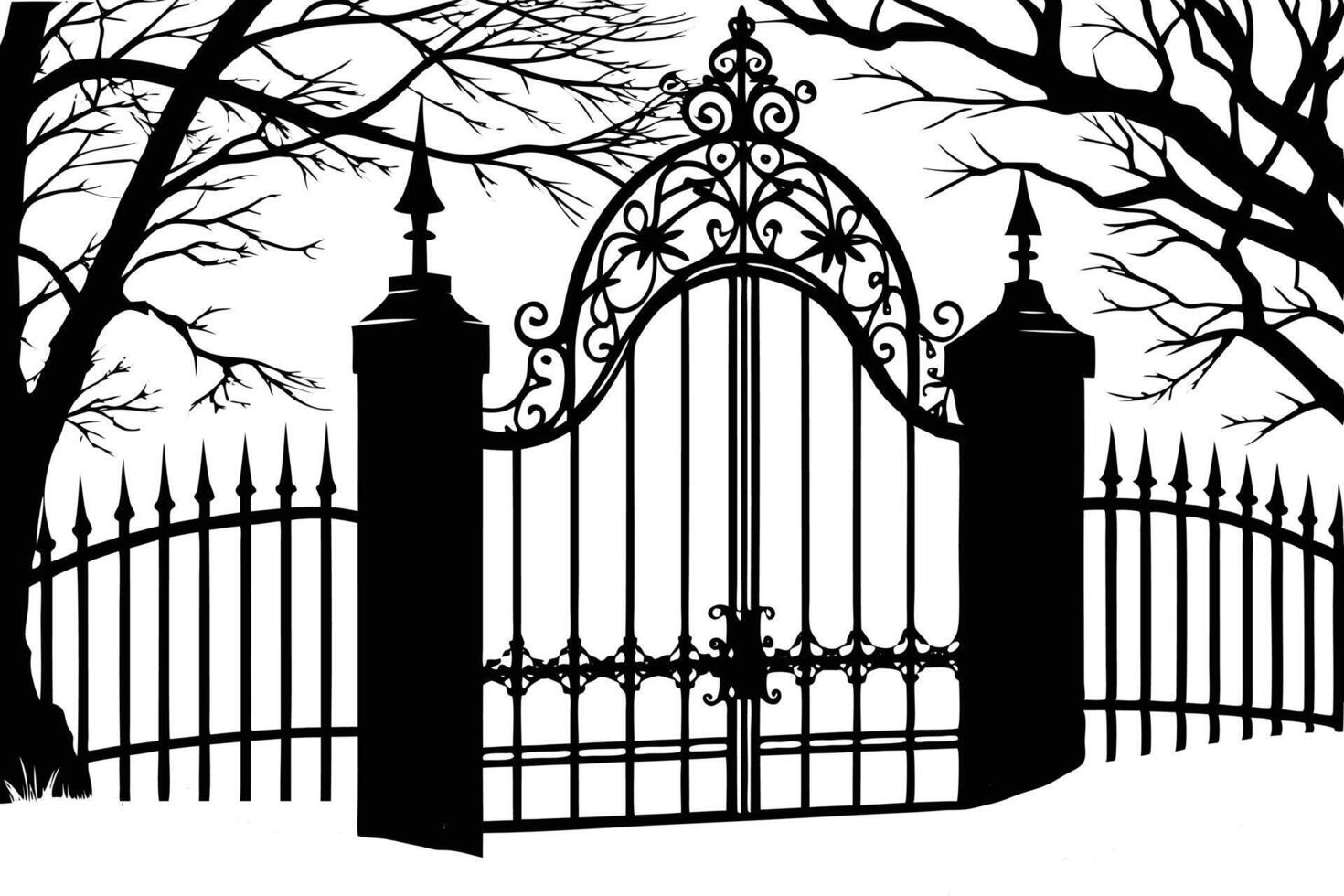 gothic gate with a black and white silhouette vector