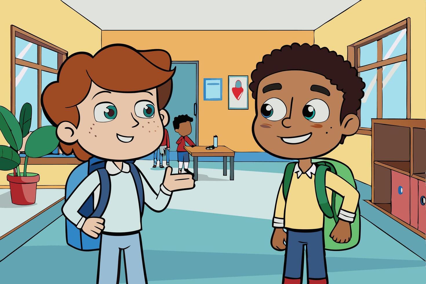 two boys talking in a classroom with a classroom full of students vector