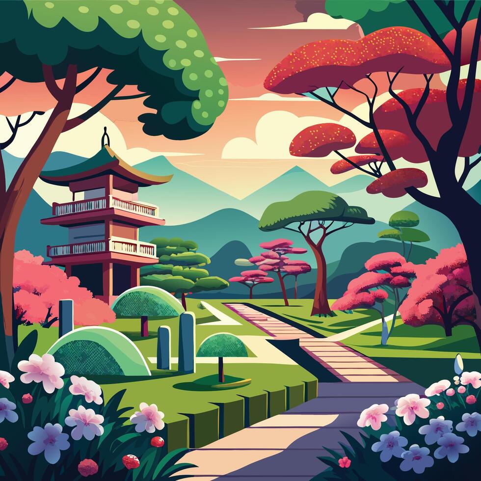 Japanese garden illustration vector