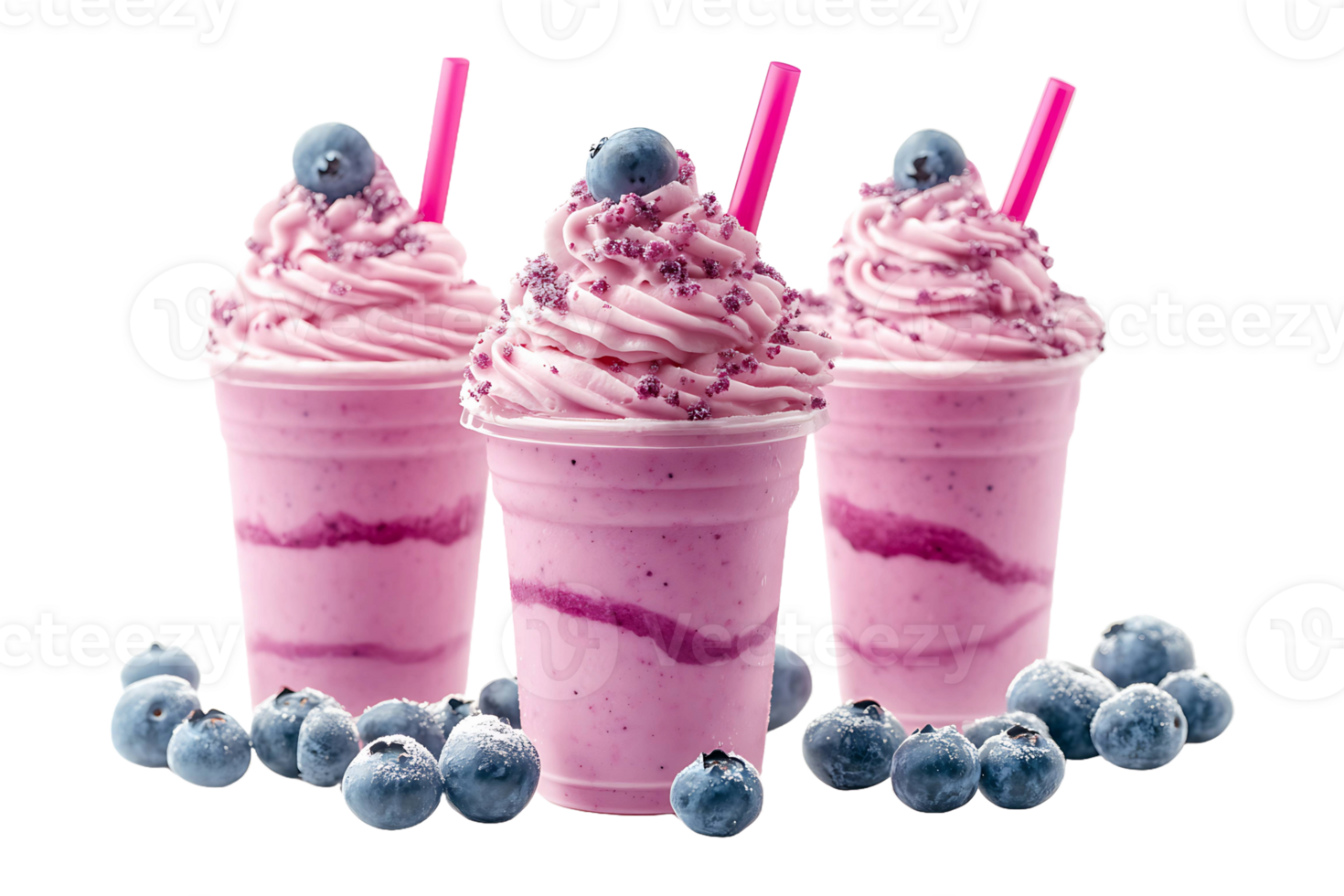 Three cups of pink and blueberry smoothies with straws png