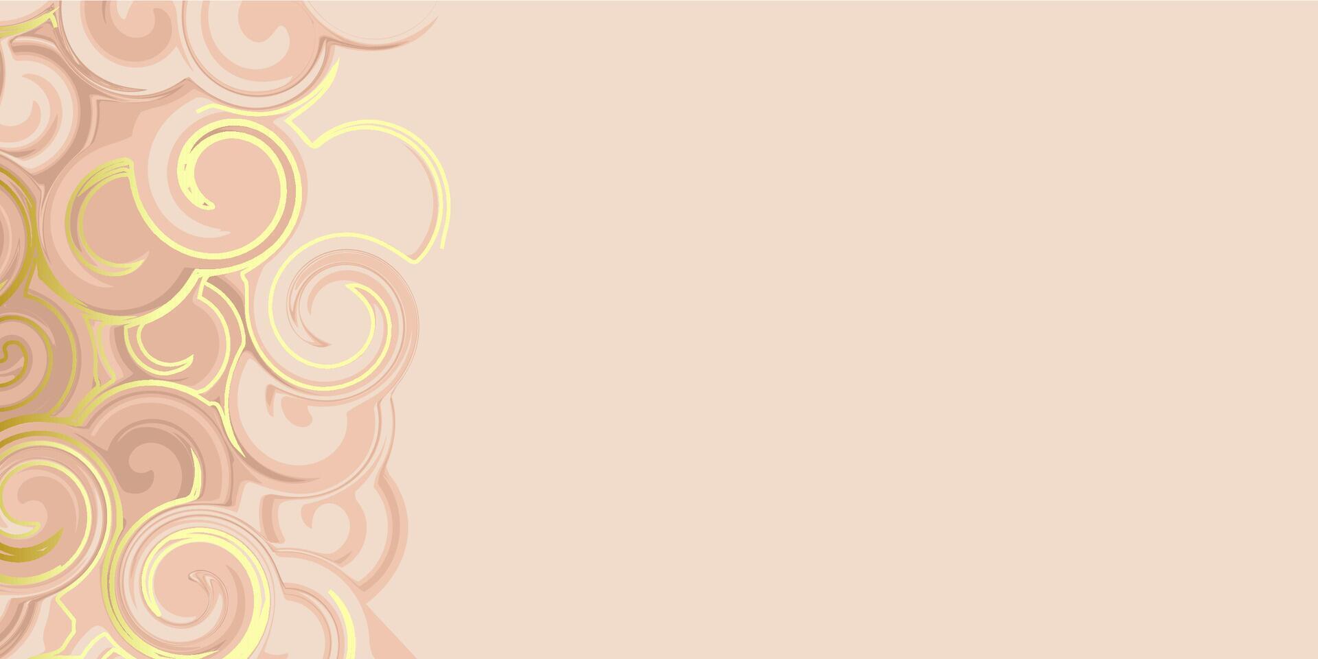 Nude tan fluid swirl horizontal background with golden elements to create a trendy cover. Beige texture for web design. vector