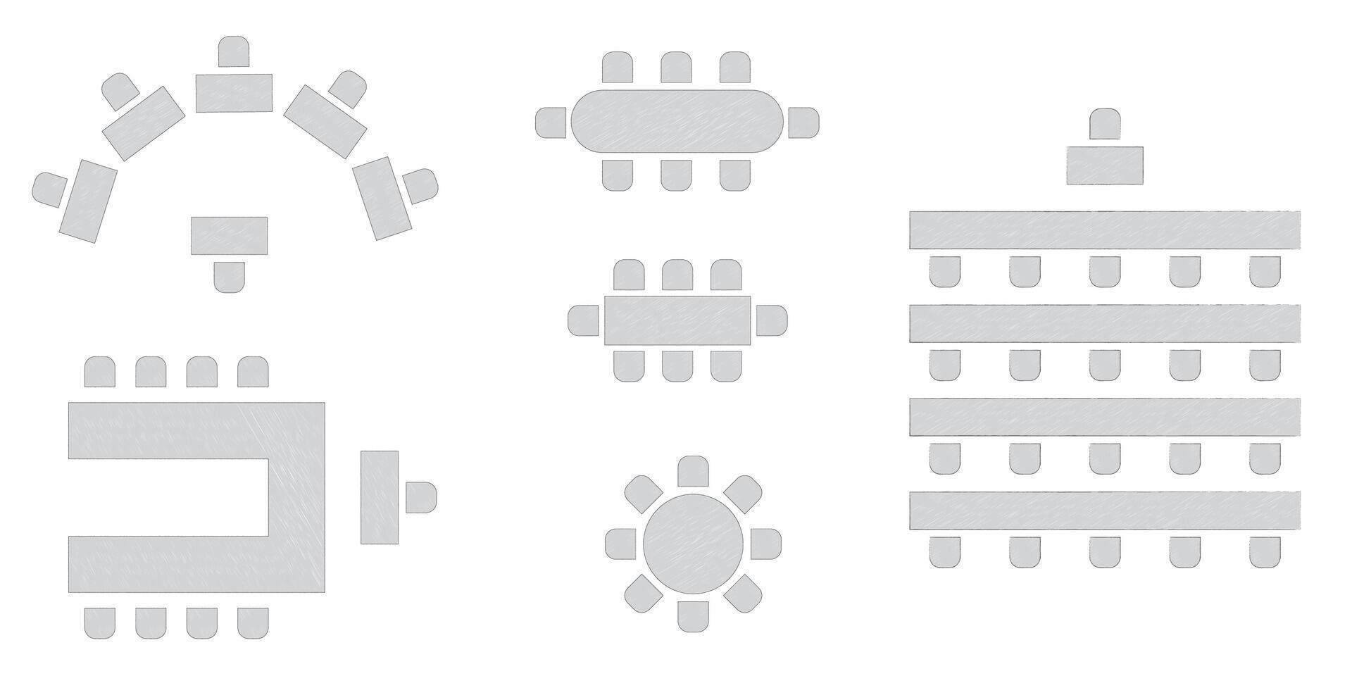 Wedding seating plan element. Conference banquet seminar classroom interior, conference hall and seminar room interior design. top view of arrangement of banquet furniture seats illustration vector